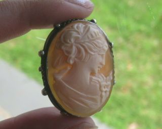 Antique Vintage Hand Carved Natural Shell 925 Sterling Brooch Pendant Cameo