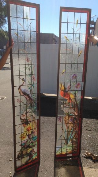 Very Rare French Painted And Fired Stained Glass Windows Double Sided