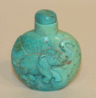 Vintage Chinese Snuff Bottle Turquoise Natural Stone With Hand Carved Elephant