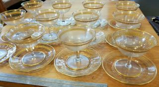 Set Of 12 Vintage Gold Rimmed Etched Crystal Champagne Glasses & Saucers