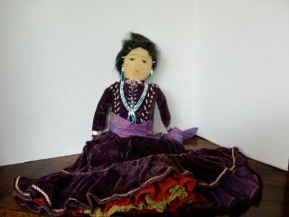 18 " American Indian Rag Doll Hand Painted Purple Velvet Turquoise Beads - - Rare