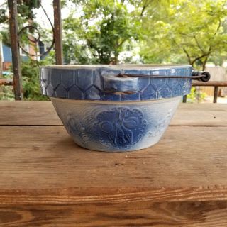 Antique Blue And White Salt Glaze Stoneware Bowl With Cherries Decoration