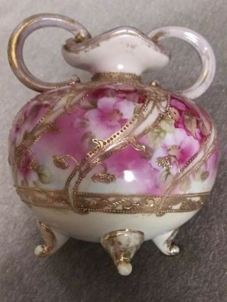 Antique Nippon White Porcelain Vase Pink Flowers Gold Outline 6 " H Piece 2 Of 2