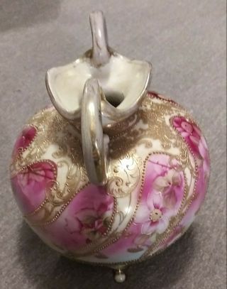 Antique Nippon White Porcelain Vase Pink Flowers GOLD Outline 6 