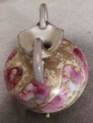 Antique Nippon White Porcelain Vase Pink Flowers GOLD Outline 6 