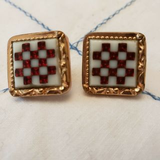 Antique Cufflinks Gold Wash White Glass Red Checkerboard Flip Shank Date