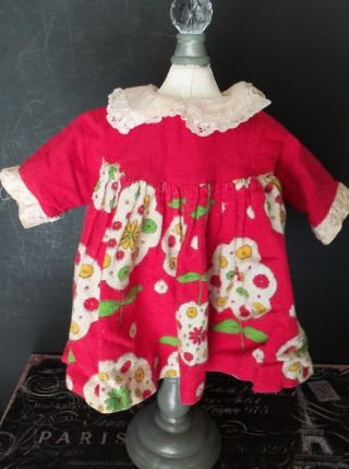 Darling Vintage Flannel Red Floral Dress 1950 Era For Hard Plastic Baby Dolls