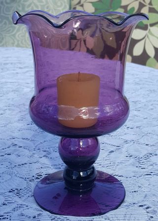 Vtg Mid Century Purple Amethyst Glass Candle Holder Vase Footed & Ruffled Edge
