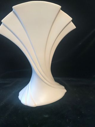 Antique Art Deco Off White Pottery Trumpet Flared 9.  5” Tall Vase 7.  5” Wide