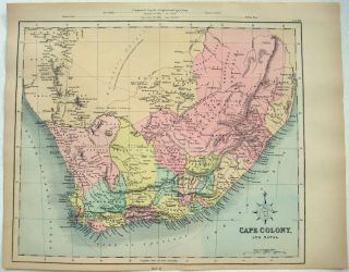 1878 Map Of South Africa By William Hughes.  Cape Colony Natal Antique