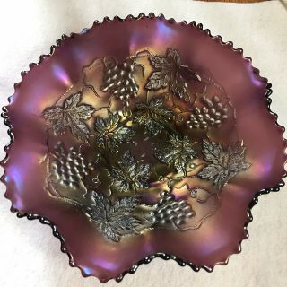 Antique Northwood 8 3/4 " Fiery Amethyst Grape Cable 8 Ruffle Edge Carnival Bowl