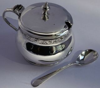 Celtic Solid Sterling Silver Mustard Pot,  Glass Liner & Spoon,  Adie Brothers 1950
