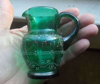 Antique 1890 Pontiled Hand Blown Green Glass Mini Creamer Pitcher Applied Handle