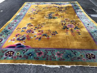 Auth: Antique Art Deco Chinese Rug Golden YELLOW 10x13 Nichols Beauty NR 9