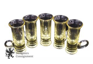 Set Of 5 Antique Elegant Yellow Clear Glass Handled Cordials Liquor Glasses