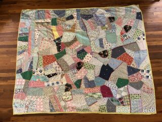 Antique Crazy Quilt Cotton Hand Embroidered Hand Sewn Colorful 69 " X 81 "