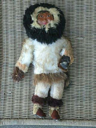 Vintage Alaskan Eskimo Indian Doll 16 " Tall Fur,  Oil Cloth Painted Face
