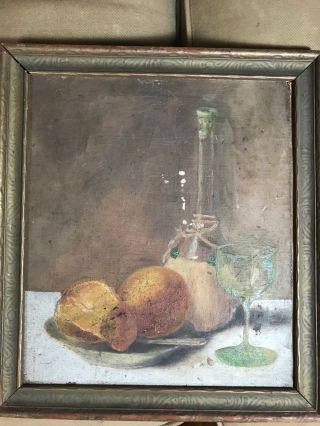 Antique " Still Life With Glass And Fruits Scene " Oil Painting - Framed