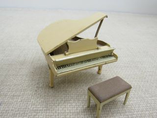 Antique Tootsietoy Dollhouse Miniature Yellow Grand Piano And Stool / Bench
