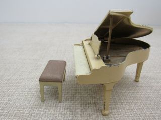 Antique TootsieToy Dollhouse Miniature YELLOW Grand PIANO and Stool / Bench 4