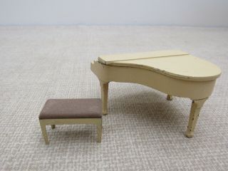 Antique TootsieToy Dollhouse Miniature YELLOW Grand PIANO and Stool / Bench 6