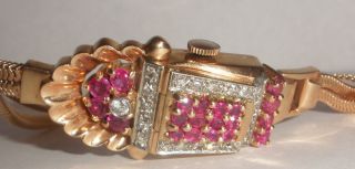 Exquisite Antique Art Deco Bulova 14k Rose Gold Ladies Watch Diamonds Ruby Runs