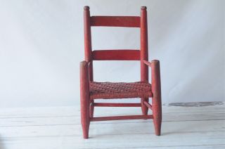 Vintage Primitive Shabby Red Child Chair Folk Art Child Doll Chair Woven Seat