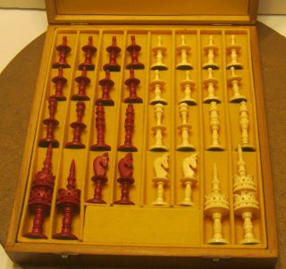 Antique Selenus Hand Carved Red & White Water Buffalo Bone Chess Set Complete