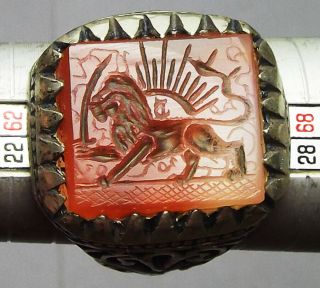 Islamic Carnelian Agate Silver Ring Engraved,  Qajar Emblem,  Lion,  Sun,  Sword