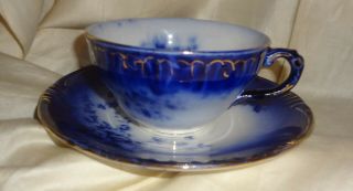 Htf Antique Wheeling La Belle Flow Blue Cup & Saucer - Find - Labelle
