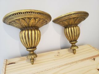 Pair Simulated Wood Wall Shelf Corbel Sconces Antique Gold Tone