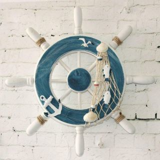 Wooden Ship Steering Wheel With Fishing Net Anchor Wall Hanging Decoration