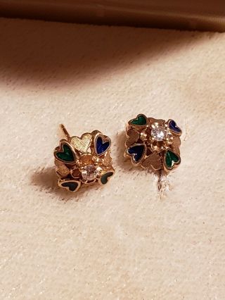 Antique 14kt Gold Diamond And Enamel Earrings