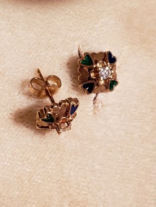 Antique 14KT Gold Diamond and Enamel Earrings 2