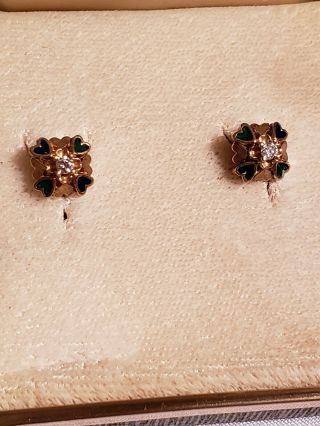 Antique 14KT Gold Diamond and Enamel Earrings 5