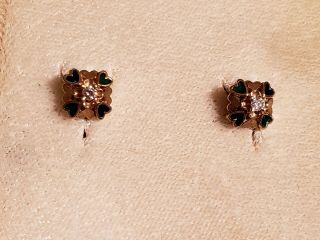 Antique 14KT Gold Diamond and Enamel Earrings 8
