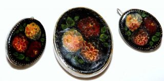 Antique Russian Hand Painted Lacquer Brooch And Earrings Silver Metal