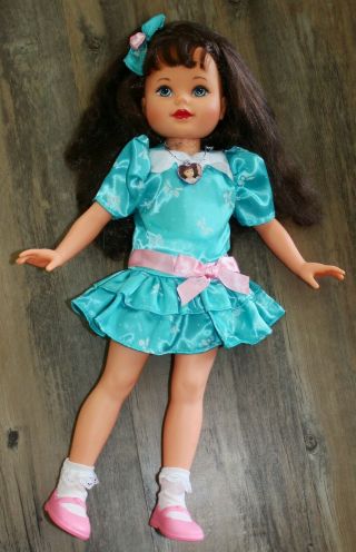Vintage 17 " Doll Blue Eye Brown Long Hair Caucasian Locket,  Turquoise Dress 1990s