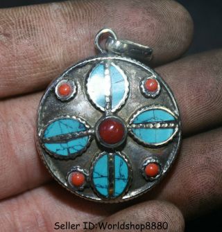 1.  6 " Old Tibet Buddhism Silver Inlay Red Coral Turquoise Phurba Pendant Amulet