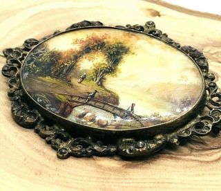 Antique Victorian Hand Painted Natural Scene Miniature Painting Brooch