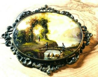 ANTIQUE VICTORIAN HAND PAINTED NATURAL SCENE MINIATURE PAINTING BROOCH 2
