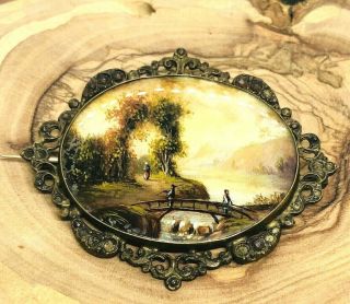 ANTIQUE VICTORIAN HAND PAINTED NATURAL SCENE MINIATURE PAINTING BROOCH 3