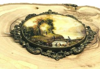 ANTIQUE VICTORIAN HAND PAINTED NATURAL SCENE MINIATURE PAINTING BROOCH 4