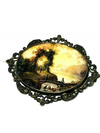 ANTIQUE VICTORIAN HAND PAINTED NATURAL SCENE MINIATURE PAINTING BROOCH 8