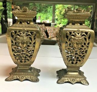 Antique French Empire Heavy Bronze Pr Reticulated Vases Hi - Relief Woman 