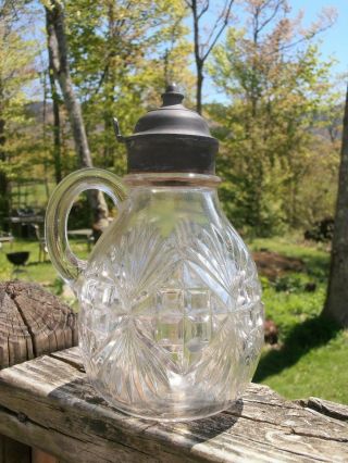 Antique Eapg Syrup Jug Clear Glass Pitcher With Lid Pattern Glass Pineapple