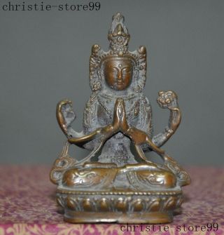 3 " Old Tibet Buddhism Bronze Copper 4 Arms Chenrezig Tara Guanyin Buddha Statue