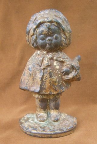 Antique Cast Iron Doorstop Little Girl With Flower Basket