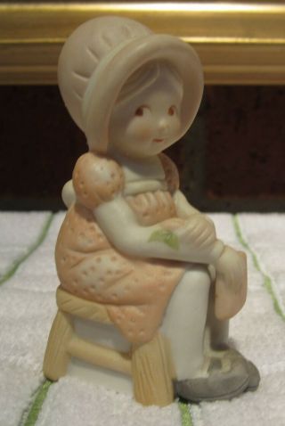 Vintage Holly Hobbie Figurine Bisque Girl Sitting On Stool Porcelain Miniature