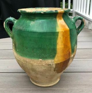 Antique French 12.  5 " Confit Pot Green & Yellow Glaze Two Handled Jar - N/r